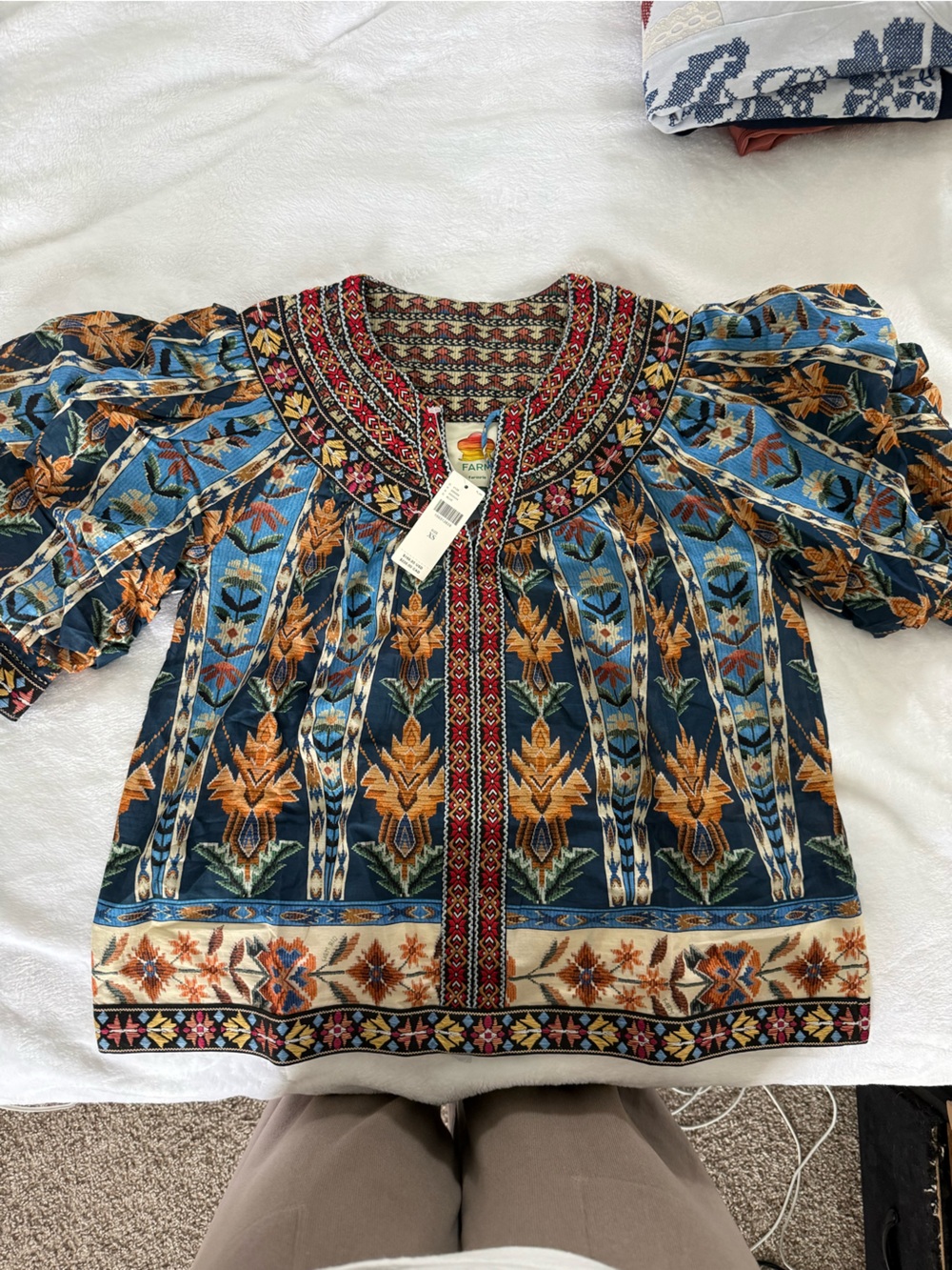 FARM Rio Blue, Gold & Red Floral Embroidered Peasant Blouse